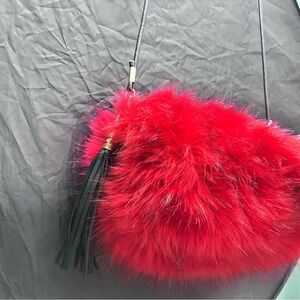 Plush Red Faux-Fur Crossbody Bag with Tassel